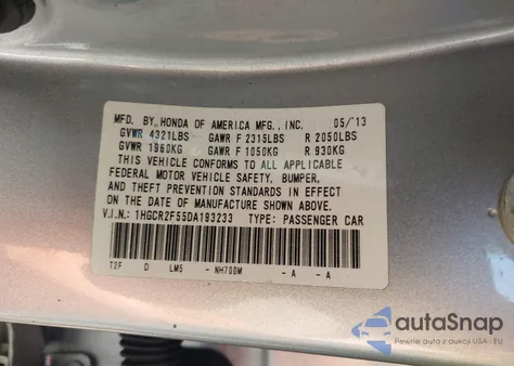 2013 Honda Accord Sport z USA, uszkodzony, nr VIN 1HGCR2F55DA193233